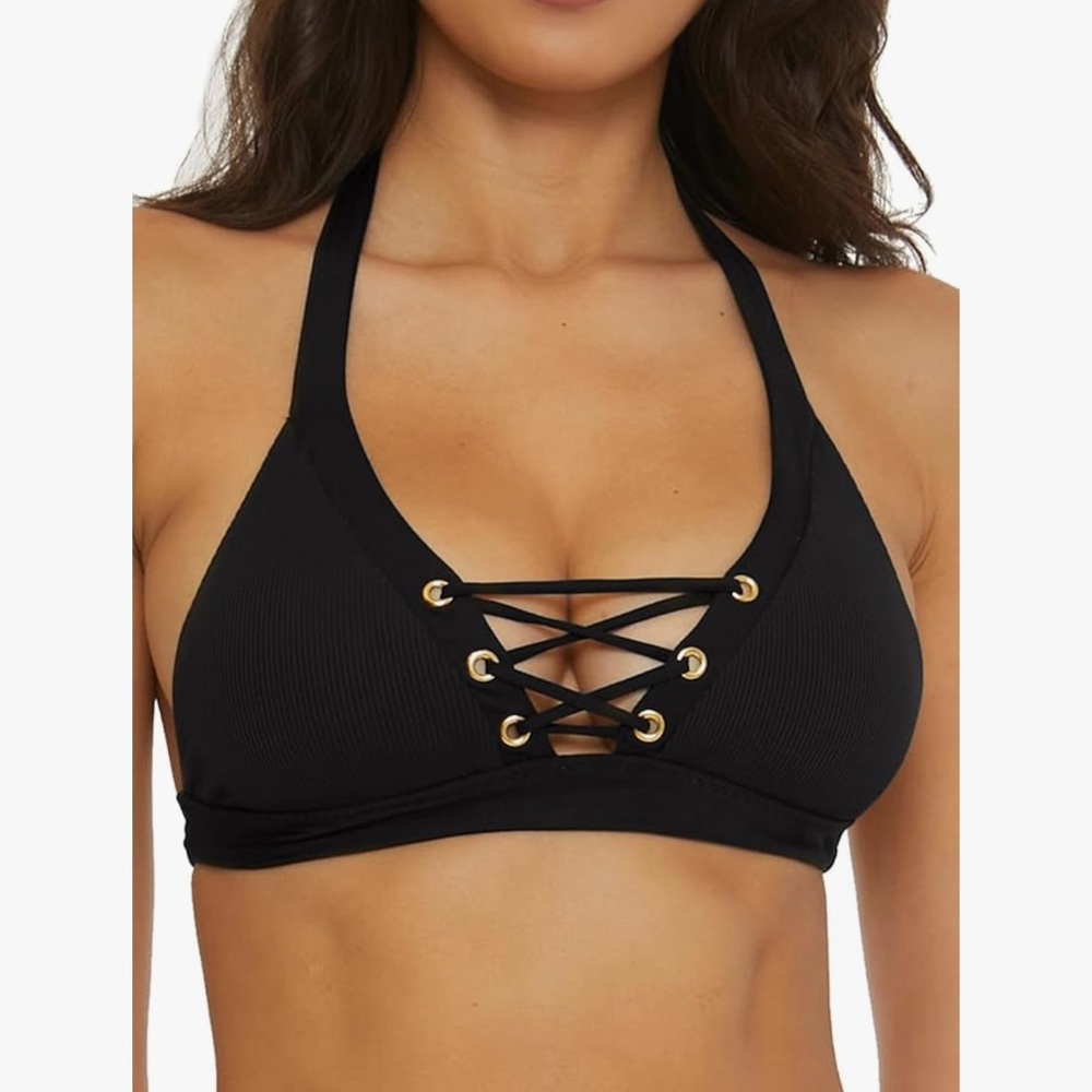BECCA Women's Modern Edge Halter Bikini Top Adjustable Tie Back Black Large